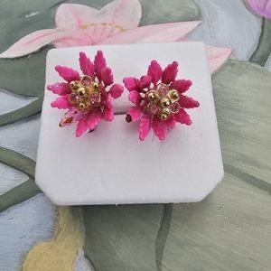 Vintage Coro Pink Enamel Floral Clip-On Earrings 1950s/60s MCM